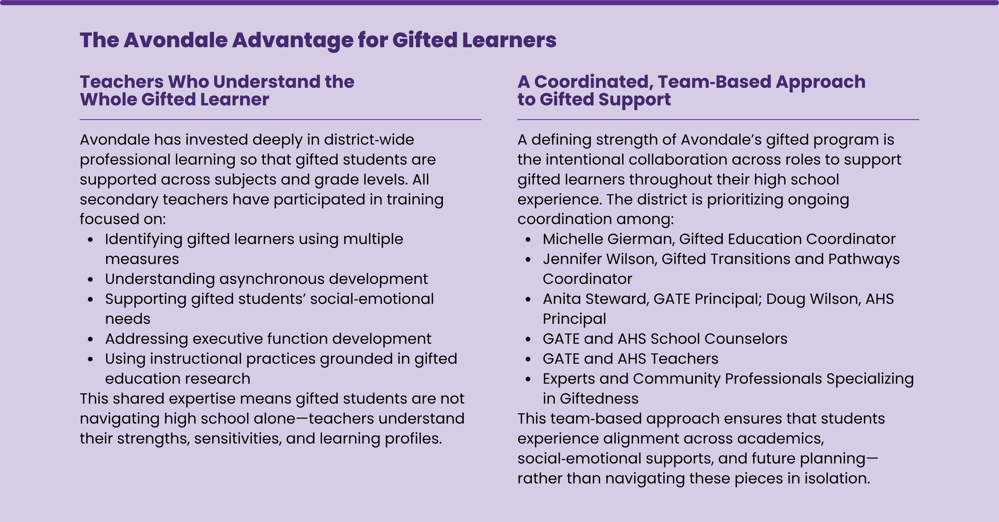 Teachers Who Understand the Whole Gifted Learner: Avondale has invested deeply in district‑wide professional learning so that gifted students are supported across subjects and grade levels. All secondary teachers have participated in training focused on: Identifying gifted learners using multiple measures Understanding asynchronous development Supporting gifted students’ social‑emotional needs Addressing executive function development Using instructional practices grounded in gifted education research This shared expertise means gifted students are not navigating high school alone—teachers understand their strengths, sensitivities, and learning profiles. A Coordinated, Team‑Based Approach to Gifted Support: A defining strength of Avondale’s gifted program is the intentional collaboration across roles to support gifted learners throughout their high school experience. The district is prioritizing ongoing coordination among: Michelle Gierman, Gifted Education Coordinator Jennifer Wilson, Gifted Transitions and Pathways Coordinator Anita Steward, GATE Principal